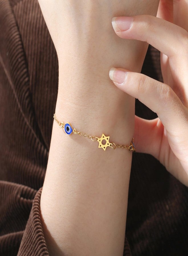 UNIFT Evil Eye Bracelet with Chai Hebrew Life & Star of David for Women Men Stainless Steel Jewish Blessing Warding Off Bad Energy Lucky Life Protection Charm Jewelry Gifts (gold) - Image 2