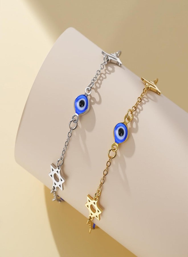 UNIFT Evil Eye Bracelet with Chai Hebrew Life & Star of David for Women Men Stainless Steel Jewish Blessing Warding Off Bad Energy Lucky Life Protection Charm Jewelry Gifts (gold) - Image 5