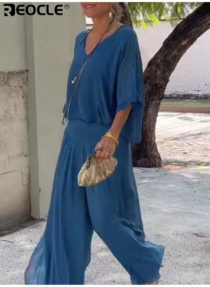 REOCLE Women's Chiffon Sets of 1pc Short Sleeved Blouse & 1pc Pants Casual Outfits V-neck Loose Top FlowingTrousers Elegant Clothing for Daily Wear - Image 1