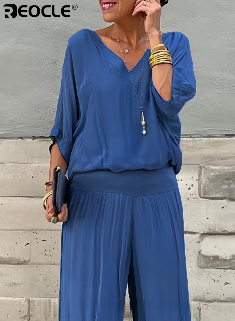 REOCLE Women's Chiffon Sets of 1pc Short Sleeved Blouse & 1pc Pants Casual Outfits V-neck Loose Top FlowingTrousers Elegant Clothing for Daily Wear - Image 2