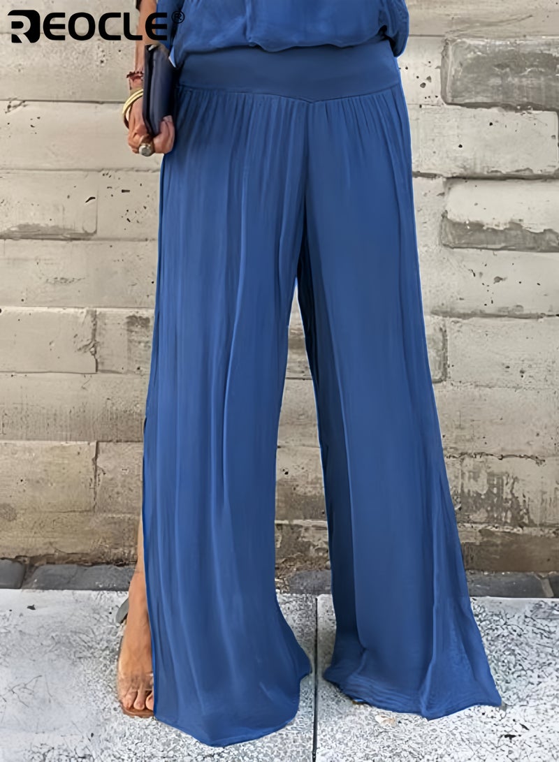 REOCLE Women's Chiffon Sets of 1pc Short Sleeved Blouse & 1pc Pants Casual Outfits V-neck Loose Top FlowingTrousers Elegant Clothing for Daily Wear - Image 3