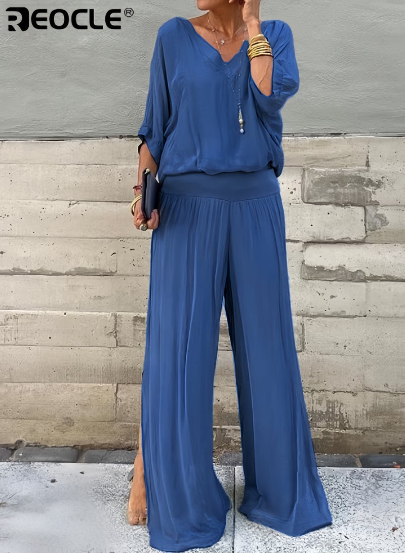REOCLE Women's Chiffon Sets of 1pc Short Sleeved Blouse & 1pc Pants Casual Outfits V-neck Loose Top FlowingTrousers Elegant Clothing for Daily Wear - Image 4