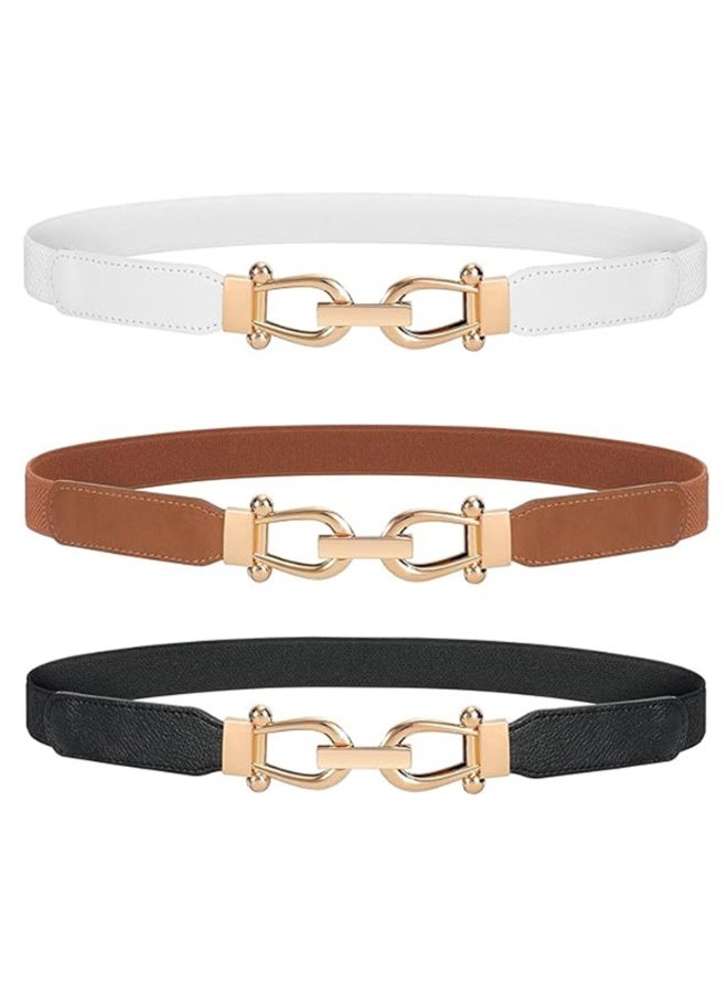 Women's Elastic Waist Belt Set, 3-Pack, Gold Interlocking Buckle, Black/Brown/White, 2.5cm x 70cm - Image 1