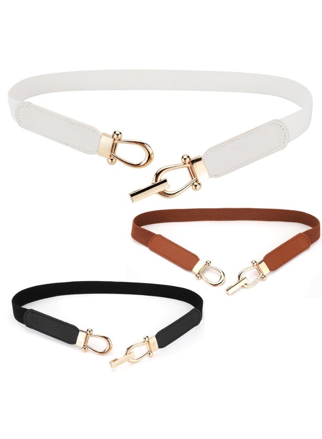 Women's Elastic Waist Belt Set, 3-Pack, Gold Interlocking Buckle, Black/Brown/White, 2.5cm x 70cm - Image 4