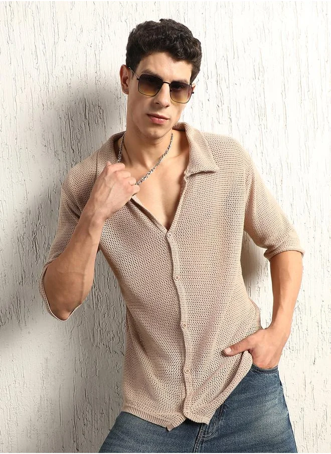 Hubberholme Semi-Sheer Spread Collar Oversized Casual Shirt by Styli