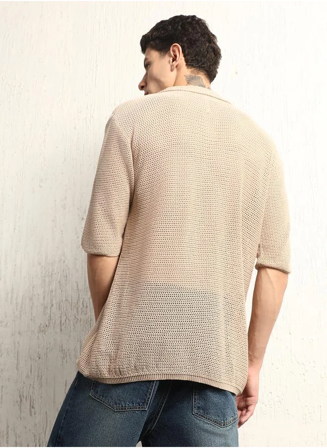 Hubberholme Semi-Sheer Spread Collar Oversized Casual Shirt by Styli