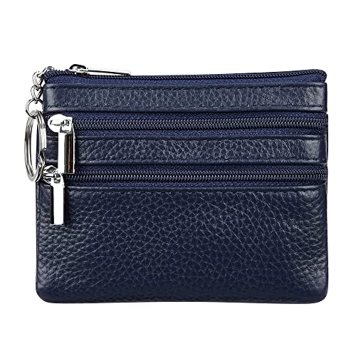 Cynure Women's Genuine Leather Coin Purse Mini Pouch Change Wallet with Keychain, navyblue - Image 1