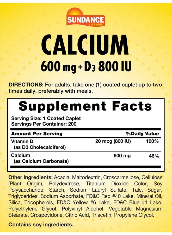 Sundance Calcium with Vitamin D3 | 600mg | 200 Caplets | Vegetarian, Non-GMO, and Gluten Free Supplement - Image 2
