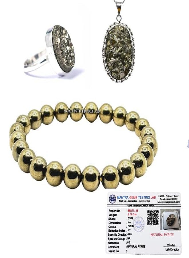 SAINTIMO Unisex-adult Natural Pyrite Bracelet With Certificate, Pyrite Pendant, Original Pyrite Stone Ring, Black Tourmaline Crystal Set For Money & Prosperity (Bracelet+Ring+Pendent) - Image 1