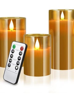 بيوينتي 3Pcs Led Flameless Candles, Gold Warm Light Battery Operated Flickering Candles with Remote Control, Battery Candles Indoor Home Decor, 4 in, 5 in, 6 in  - Image 1