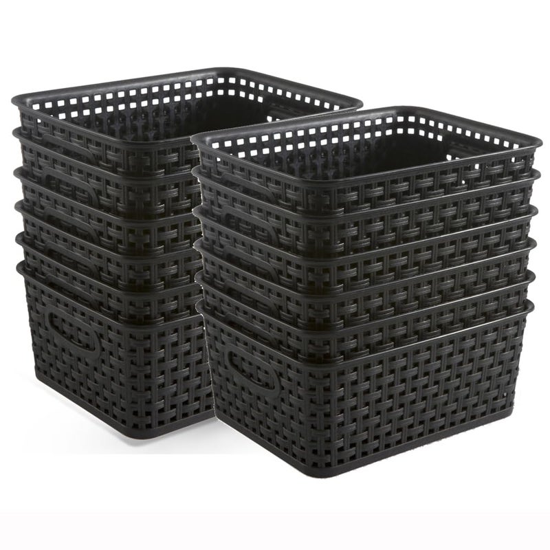 ZHENFAN Black Plastic Weave Storage Baskets, 12-Pack Woven Basket Organizer for Kitchen Office Bathroom - Image 1