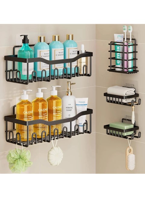 Bathroom Shelf, set of 5pcs, Shower Caddy For Bathroom Organizer and Storage, No-drilling Bathroom Shelves, Stainless Steel Racks with Self-Adhesive Stickers (Black).