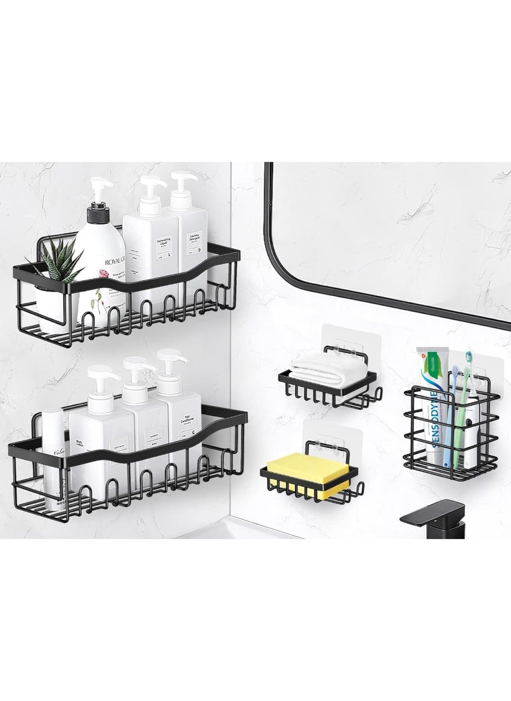 Shower Caddy, set of 5pcs, Stainless Steel, Self-Adhesive Bathroom Shelves For Bathroom Organizer and Storage, No-drilling Wall mounted Bathroom Shelf (Black). 