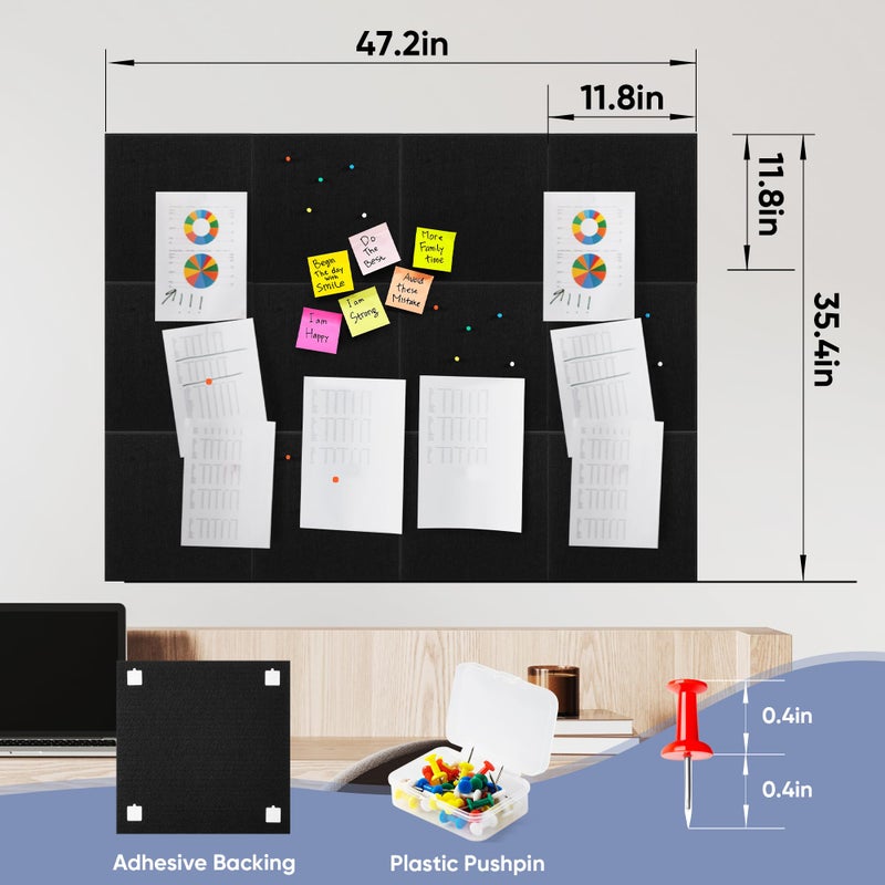 VUSIGN Large Cork Board for Wall 47"x35", 12 Pack Bulletin Board, Felt Wall Tiles with Adhesive Tabs and Push Pins, Push Pin Board for Office, School, Home, Black - Image 2