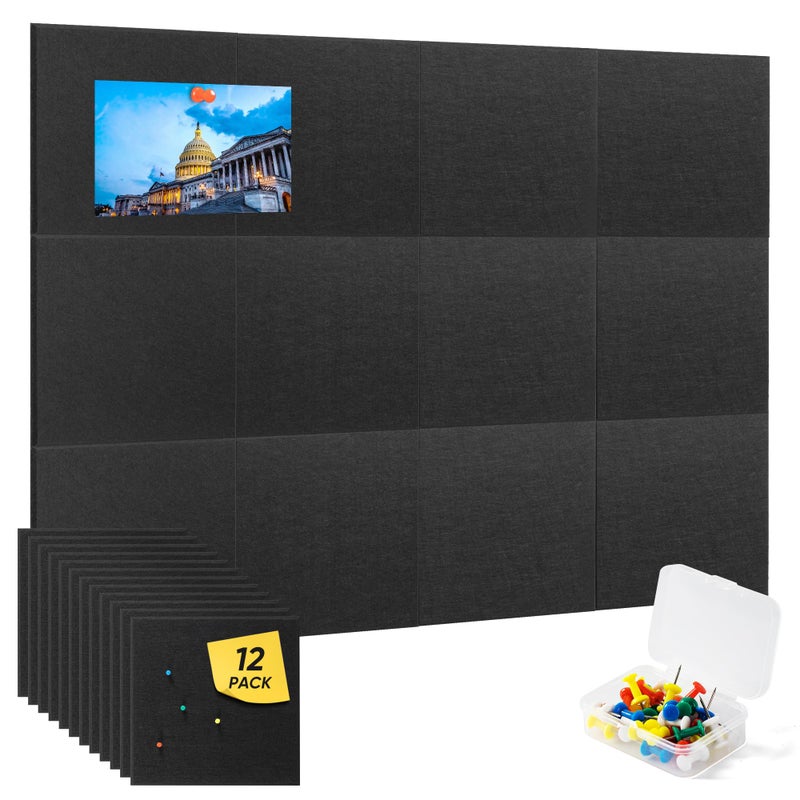 VUSIGN Large Cork Board for Wall 47"x35", 12 Pack Bulletin Board, Felt Wall Tiles with Adhesive Tabs and Push Pins, Push Pin Board for Office, School, Home, Black - Image 1