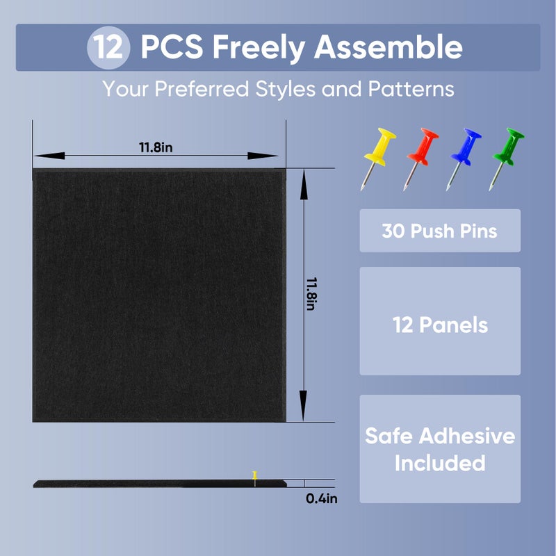VUSIGN Large Cork Board for Wall 47"x35", 12 Pack Bulletin Board, Felt Wall Tiles with Adhesive Tabs and Push Pins, Push Pin Board for Office, School, Home, Black - Image 4