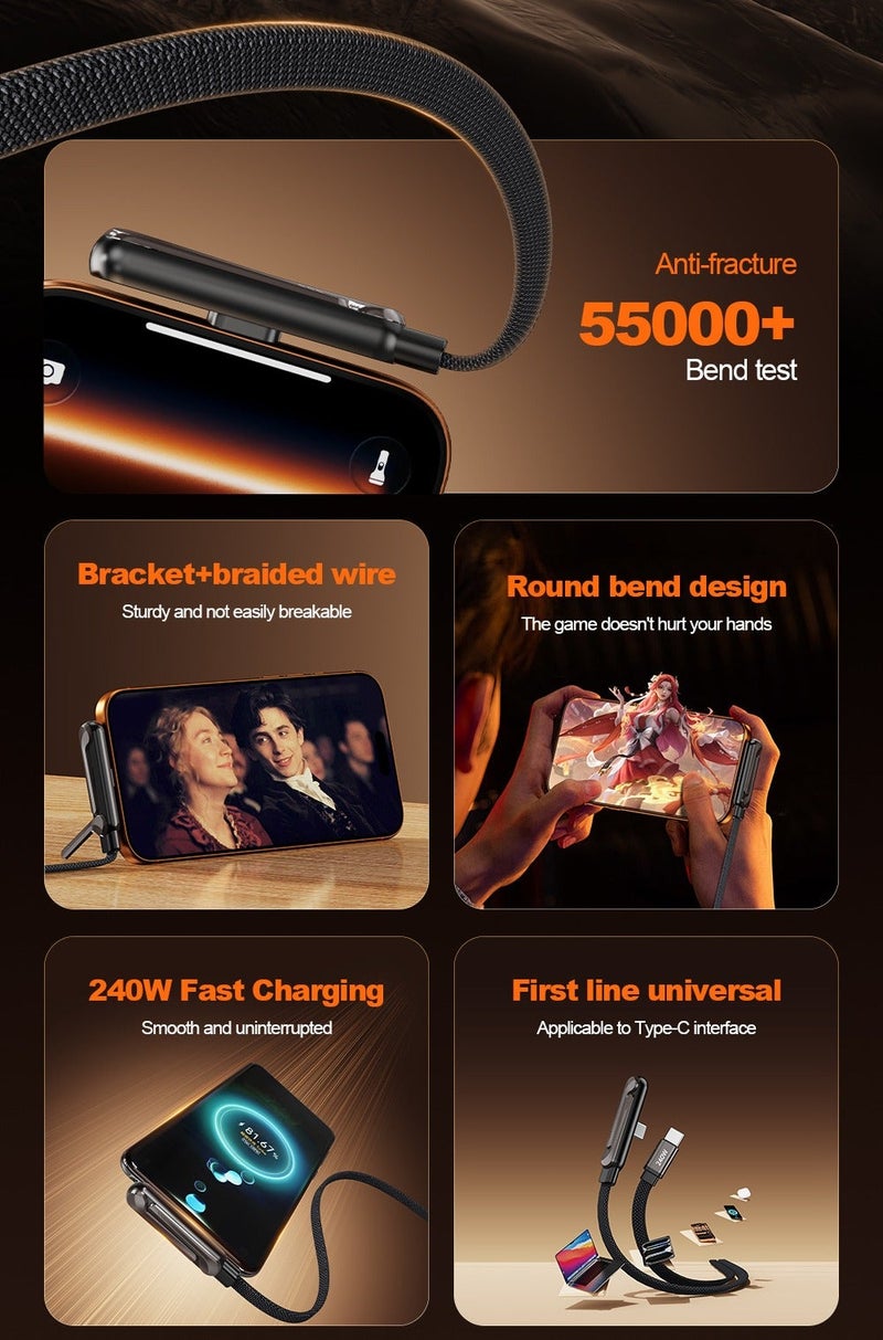 كابل شحن سريع Type-C إلى Type-C بطول 1.5 متر بقدرة 240 واط مع حامل هاتف قابل للطي، تصميم بزاوية 90°، كابل مجدول لنقل البيانات - Image 2