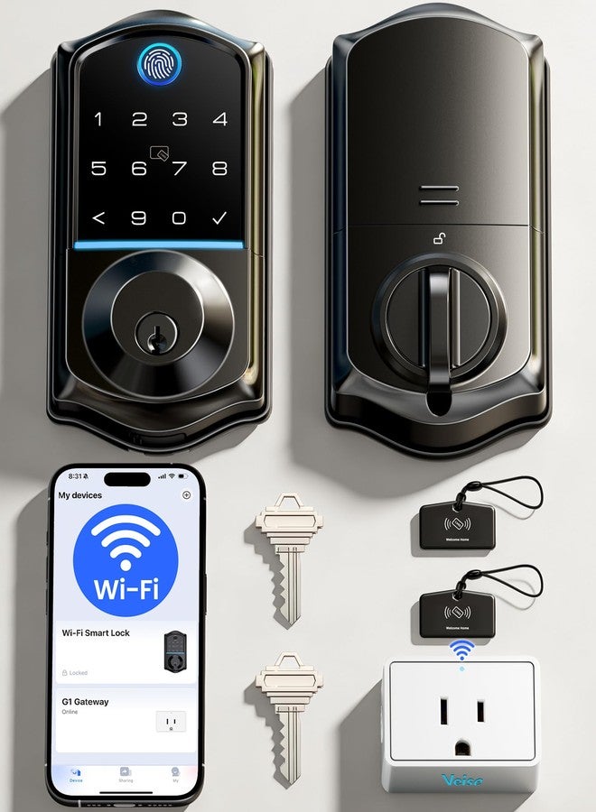 Veise VE017G Wi-Fi Keyless Entry Door Lock with Fingerprint, App Remote Control, Smart Locks for Front Door, Electronic Keypad Deadbolt, Auto Locking, Waterproof, Easy to Install, Matte Black - Image 1