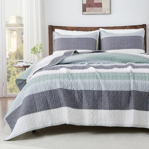 Andency Queen Quilt Bedding Set Sage Green, 3 Pieces Patchwork Mint Green Striped Ultra Soft Lightweight Bedspreads, Coverlets Set with 2 Pillow Shams for All Seasons (90"x96") - Image 1