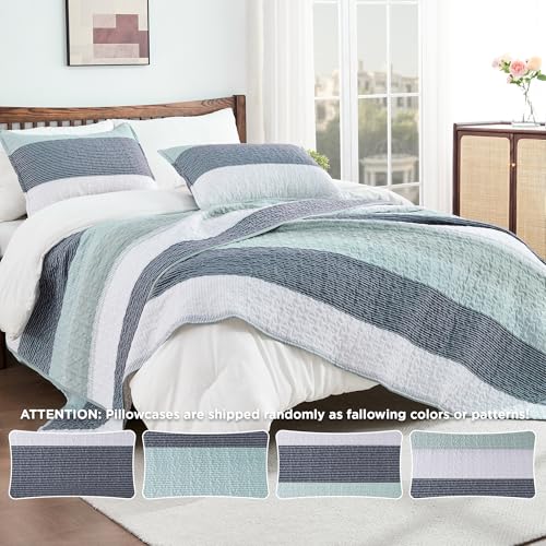 Andency Queen Quilt Bedding Set Sage Green, 3 Pieces Patchwork Mint Green Striped Ultra Soft Lightweight Bedspreads, Coverlets Set with 2 Pillow Shams for All Seasons (90"x96") - Image 4