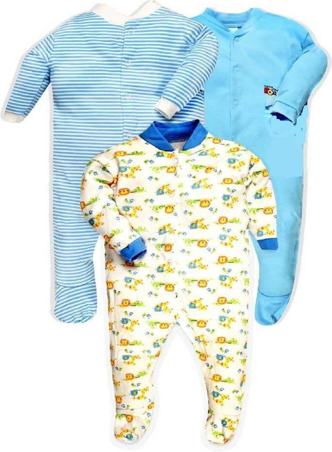 TiniBerry Baby Long Sleeve Cotton Full Body Sleep Suit, Romper for Boys and Girls Set of 3 (0-3 Months, Light Blue) - Image 1