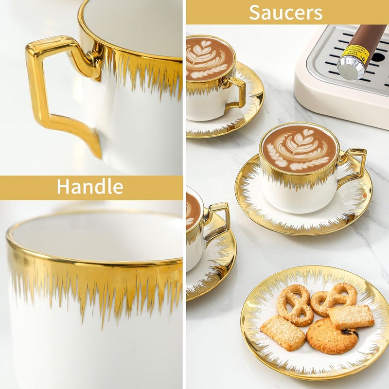 LETAOTAO Cappuccino Cups with Saucers, 8.5 oz Stackable Ceramic Coffee Cup and Saucer with Gold Trim, Turkish Coffee Cups Set for Double Espresso, Tea Cups Set of 6, White - Image 4