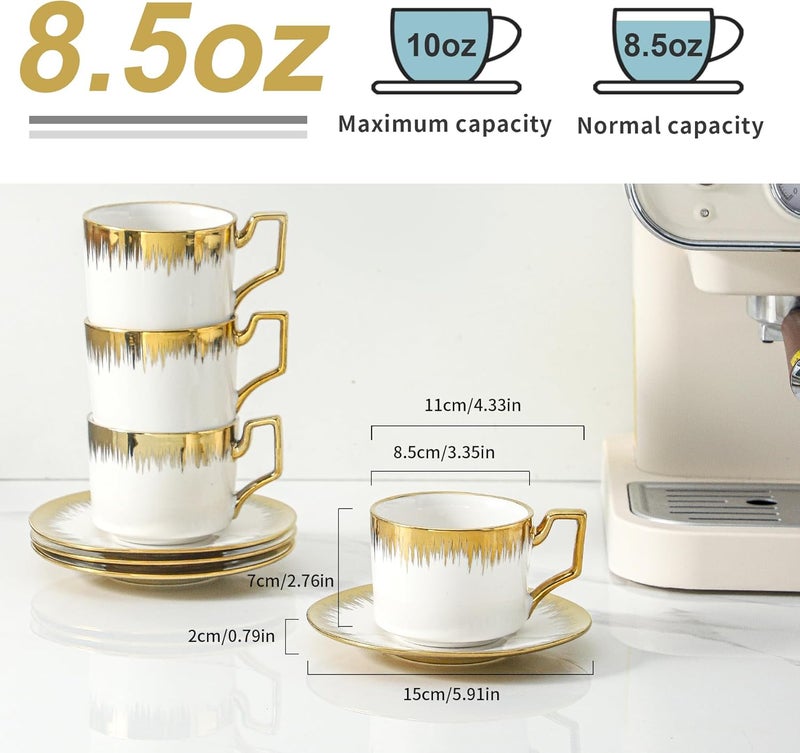 LETAOTAO Cappuccino Cups with Saucers, 8.5 oz Stackable Ceramic Coffee Cup and Saucer with Gold Trim, Turkish Coffee Cups Set for Double Espresso, Tea Cups Set of 6, White - Image 2