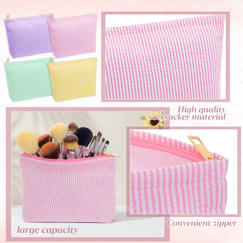 Sanwuta 4 Pcs Seersucker Makeup Bag for Women Stripe Cosmetic Bag Travel Toiletry Organizer Preppy Storage Pouch Valentines Galentines Gifts for Wedding Bridesmaid Mom(Pink, Green, Yellow, Purple) - Image 3