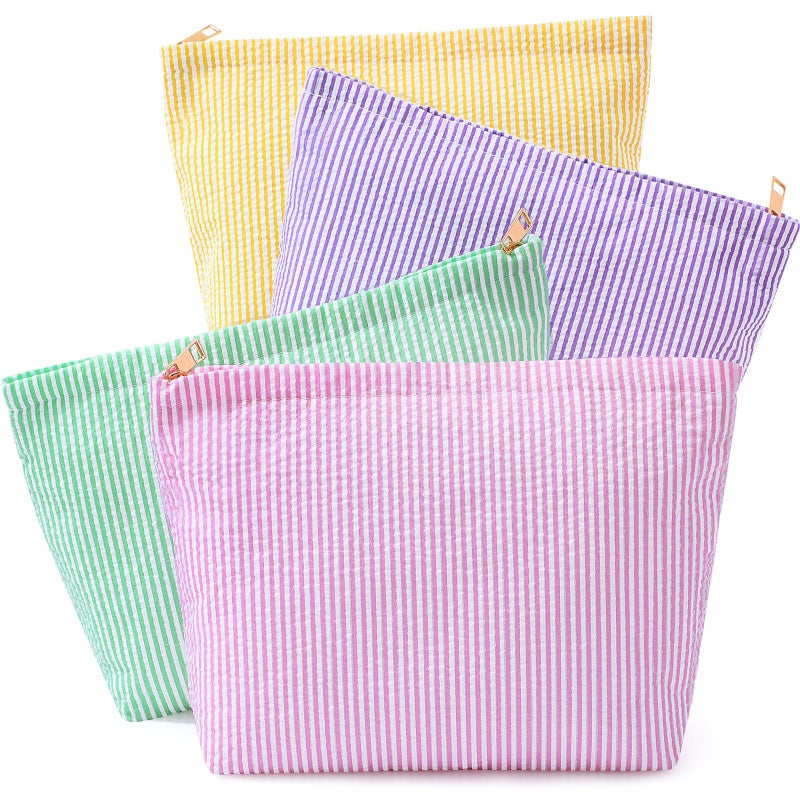Sanwuta 4 Pcs Seersucker Makeup Bag for Women Stripe Cosmetic Bag Travel Toiletry Organizer Preppy Storage Pouch Valentines Galentines Gifts for Wedding Bridesmaid Mom(Pink, Green, Yellow, Purple) - Image 1