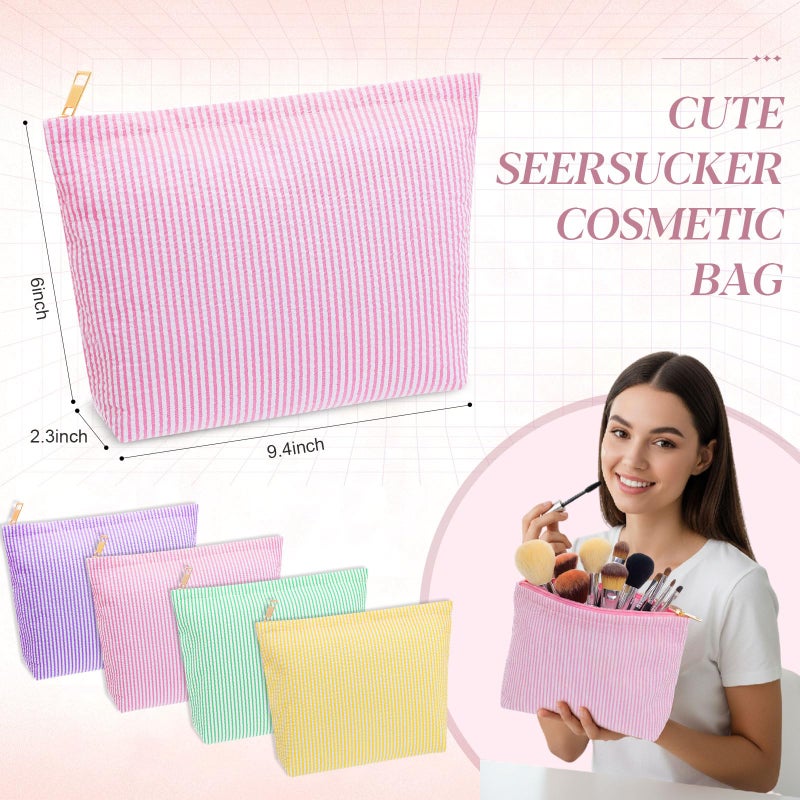 Sanwuta 4 Pcs Seersucker Makeup Bag for Women Stripe Cosmetic Bag Travel Toiletry Organizer Preppy Storage Pouch Valentines Galentines Gifts for Wedding Bridesmaid Mom(Pink, Green, Yellow, Purple) - Image 2
