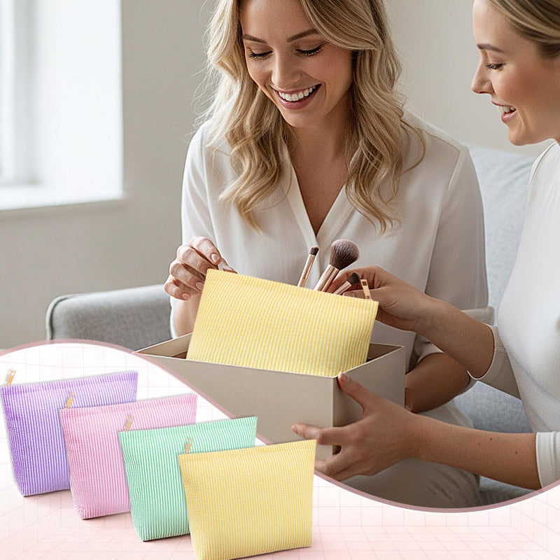 Sanwuta 4 Pcs Seersucker Makeup Bag for Women Stripe Cosmetic Bag Travel Toiletry Organizer Preppy Storage Pouch Valentines Galentines Gifts for Wedding Bridesmaid Mom(Pink, Green, Yellow, Purple) - Image 5