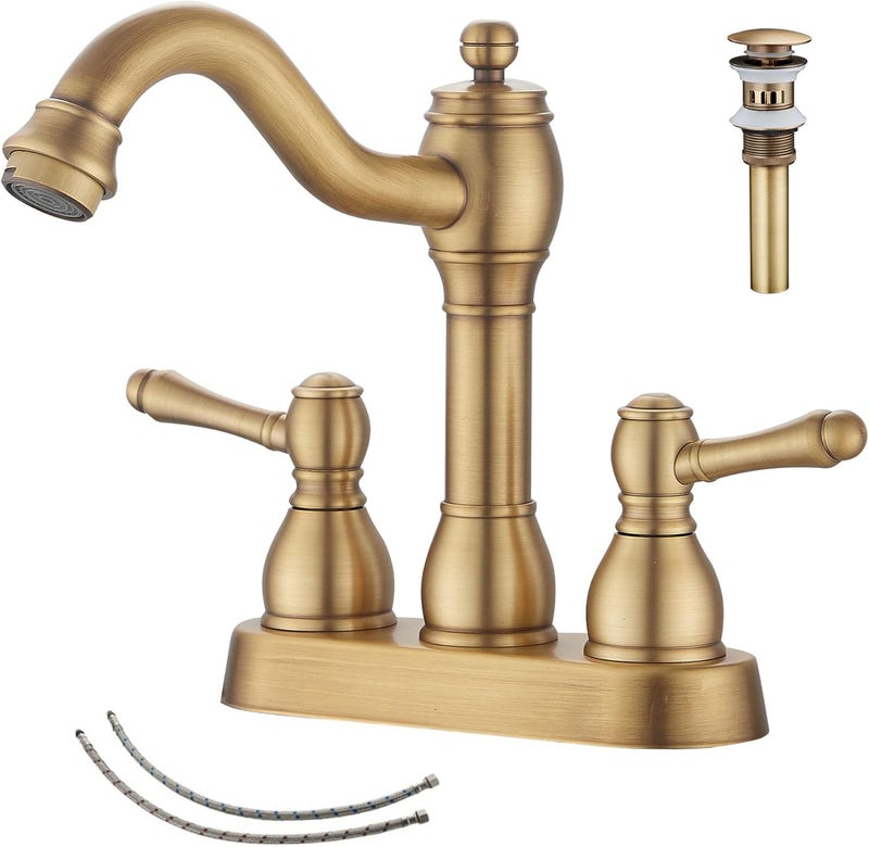 GGStudy Antique Brass Bathroom Faucet 2 Handles 4 Inches Centerset RV Bathroom Vanity Faucet with Drain Assembly and Supply Hose Lavatory Faucet - Image 1