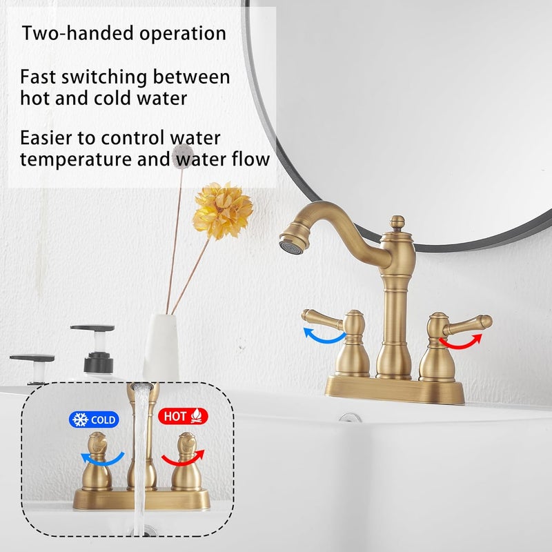 GGStudy Antique Brass Bathroom Faucet 2 Handles 4 Inches Centerset RV Bathroom Vanity Faucet with Drain Assembly and Supply Hose Lavatory Faucet - Image 3