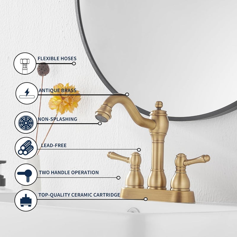 GGStudy Antique Brass Bathroom Faucet 2 Handles 4 Inches Centerset RV Bathroom Vanity Faucet with Drain Assembly and Supply Hose Lavatory Faucet - Image 5