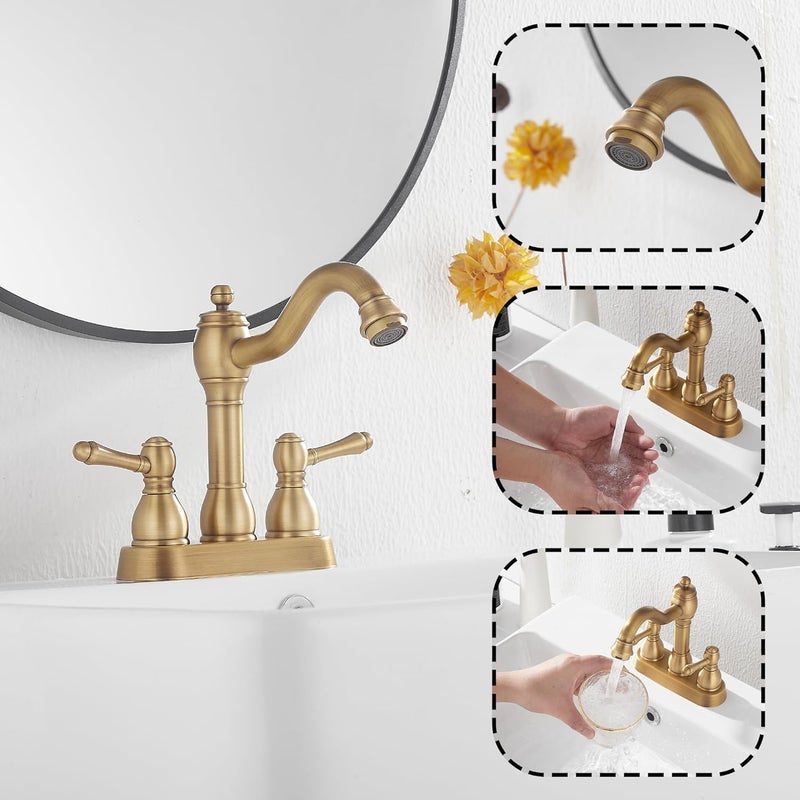 GGStudy Antique Brass Bathroom Faucet 2 Handles 4 Inches Centerset RV Bathroom Vanity Faucet with Drain Assembly and Supply Hose Lavatory Faucet - Image 4