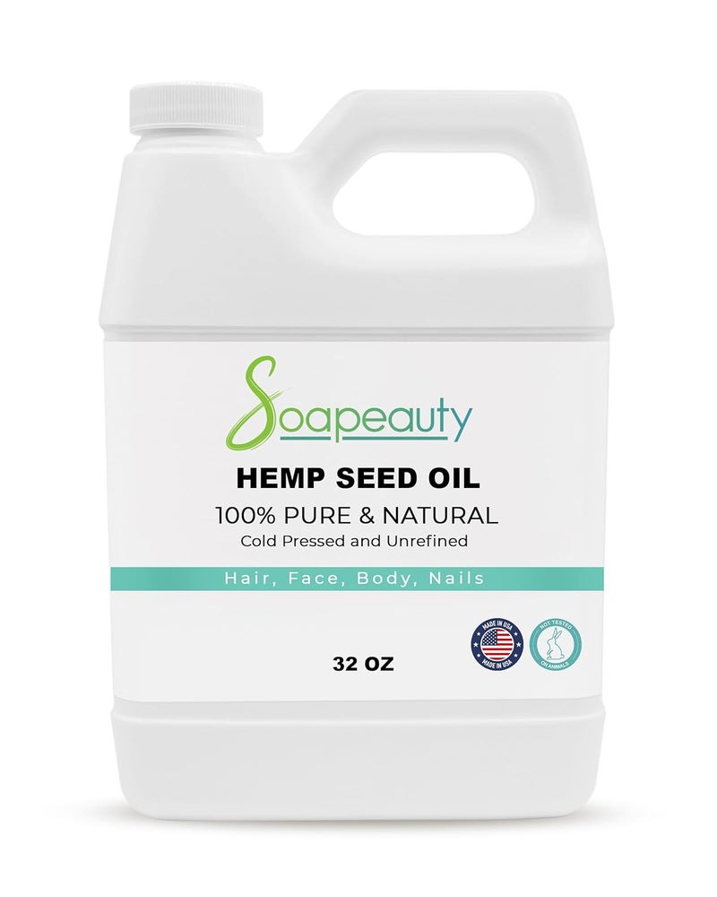Soapeauty Hemp Seed Oil Unrefined Cold Pressed  Massage  Body Oil  for Skin Face Hair and Soap Making  Carrier for Essential Oils  Rich in Omega Fatty Acids  32 Fl Oz
