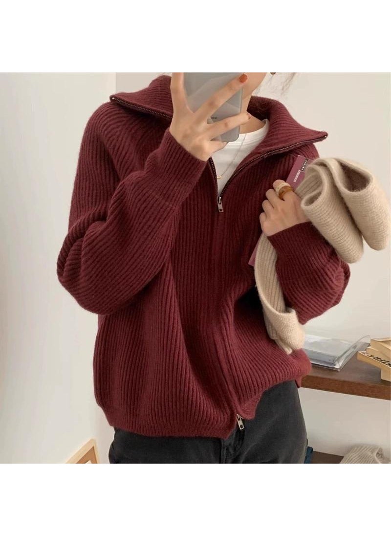 Generic - Petite Collared Double-Zip Knit Cardigan Sweater Black - Image 1