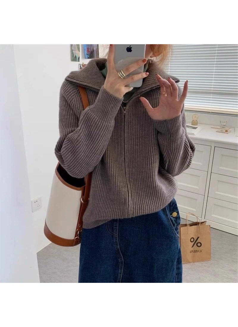 Generic - Petite Collared Double-Zip Knit Cardigan Sweater Black - Image 1