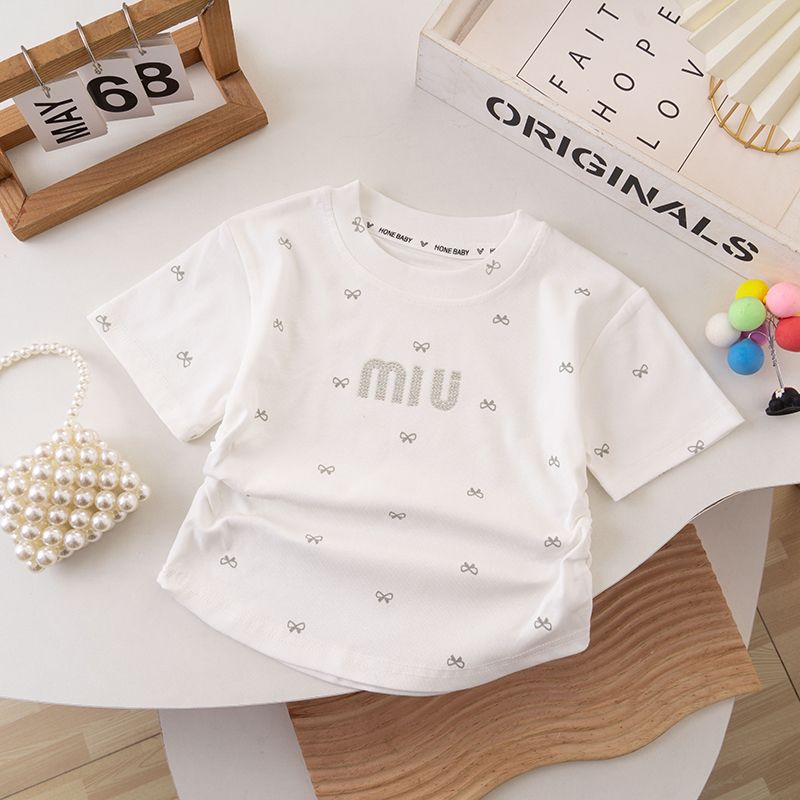 Girls' Summer Short-Sleeved T-Shirt Baby'S Western Style Children'S Personality Trendy Korean Style Bow Rhinestone Ice Silk Half-Sleeved Top - Image 1