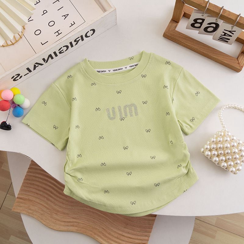 Girls' Summer Short-Sleeved T-Shirt Baby'S Western Style Children'S Personality Trendy Korean Style Bow Rhinestone Ice Silk Half-Sleeved Top - Image 4