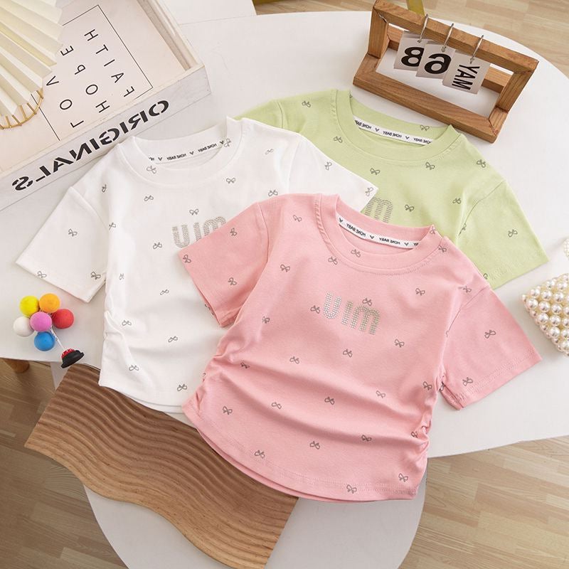 Girls' Summer Short-Sleeved T-Shirt Baby'S Western Style Children'S Personality Trendy Korean Style Bow Rhinestone Ice Silk Half-Sleeved Top - Image 2