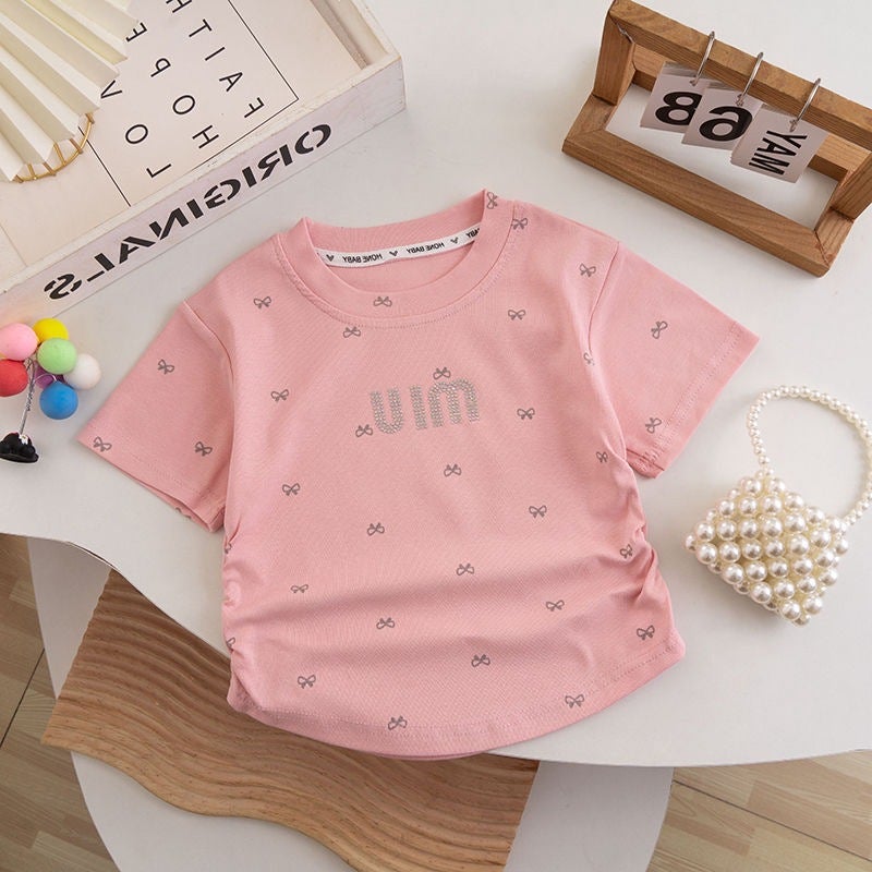 Girls' Summer Short-Sleeved T-Shirt Baby'S Western Style Children'S Personality Trendy Korean Style Bow Rhinestone Ice Silk Half-Sleeved Top - Image 3