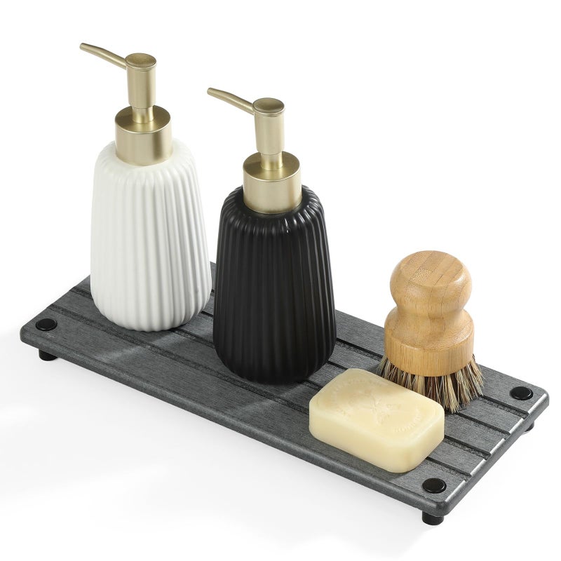 Razborci Instant Dry Sink Caddy Kitchen Sink Organizer, Quick Drying Stone Tray Diatomite Sponge Holder Soap Dish, Bathroom Countertop Fast Dry Water Absorbing Vanity Rack, Dark Gray,12" x 5" - Image 1