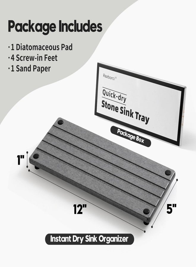 Razborci Instant Dry Sink Caddy Kitchen Sink Organizer, Quick Drying Stone Tray Diatomite Sponge Holder Soap Dish, Bathroom Countertop Fast Dry Water Absorbing Vanity Rack, Dark Gray,12" x 5" - Image 3