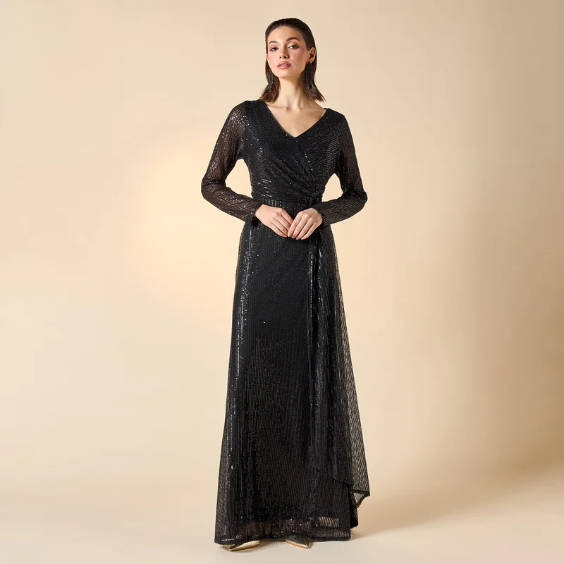 2Xtremz 2Xtremz Sequin Embellished Maxi Dress with V-neck and Long Sleeves