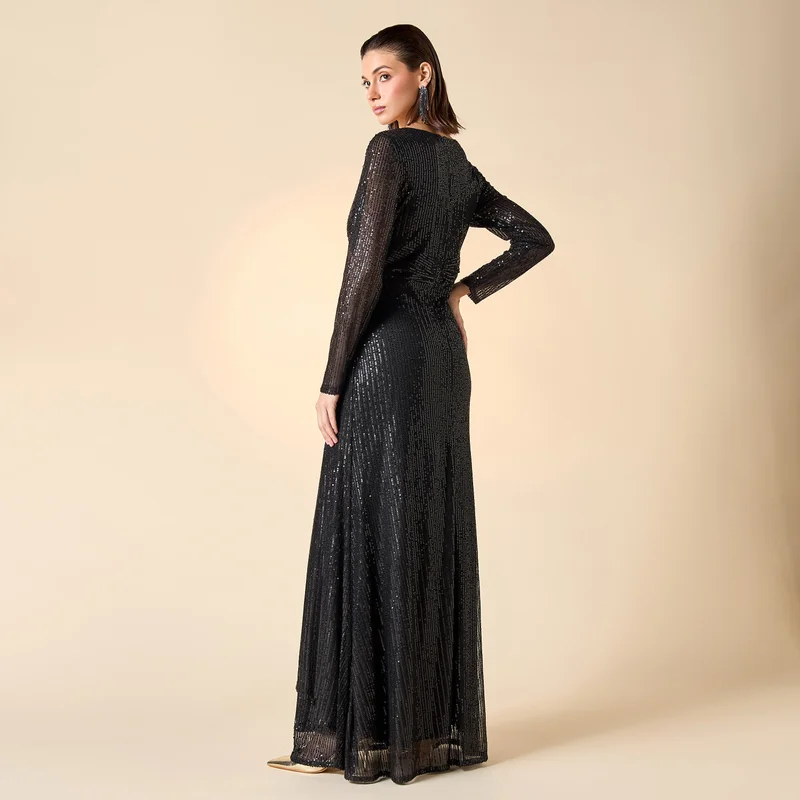 2Xtremz 2Xtremz Sequin Embellished Maxi Dress with V-neck and Long Sleeves