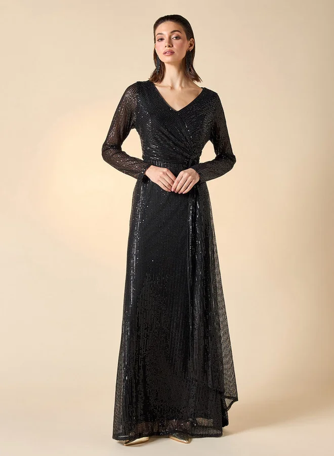2Xtremz 2Xtremz Sequin Embellished Maxi Dress with V-neck and Long Sleeves