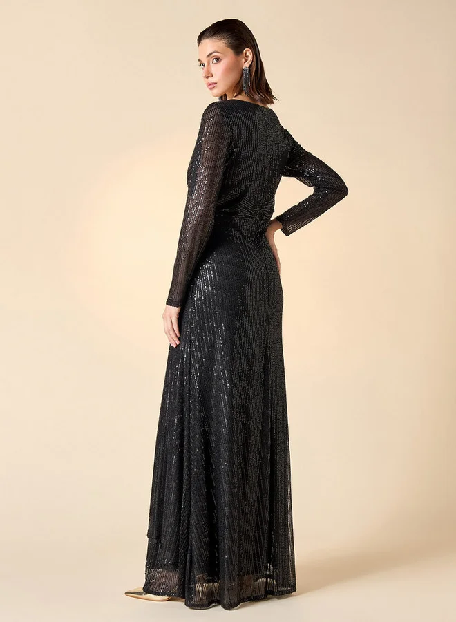 2Xtremz 2Xtremz Sequin Embellished Maxi Dress with V-neck and Long Sleeves