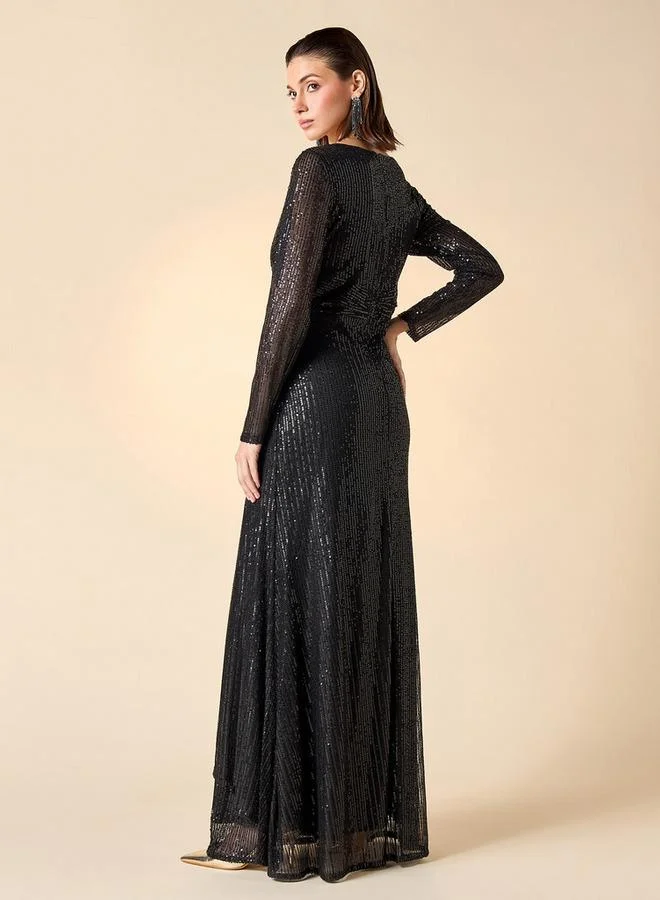 2Xtremz 2Xtremz Sequin Embellished Maxi Dress with V-neck and Long Sleeves