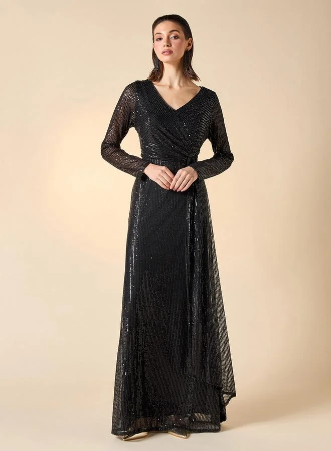 2Xtremz 2Xtremz Sequin Embellished Maxi Dress with V-neck and Long Sleeves
